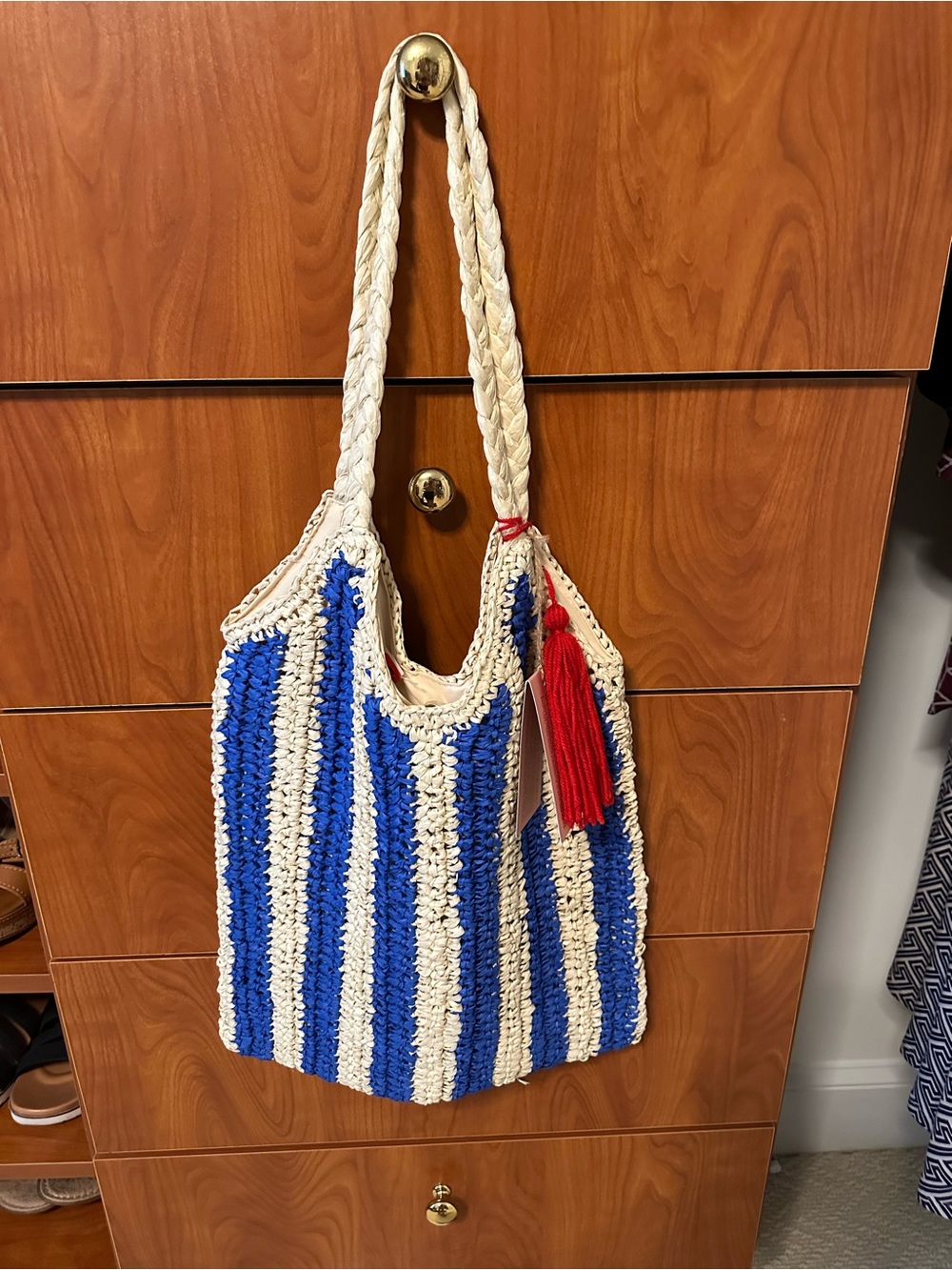 Handwoven Blue and Cream Striped Tote Bag with Red Tassel